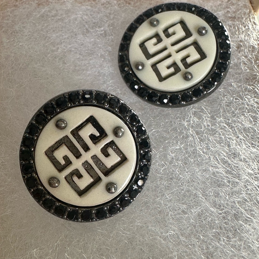 Vintage GIVENCHY Monogram Clip-On Earrings - Black & White Enamel